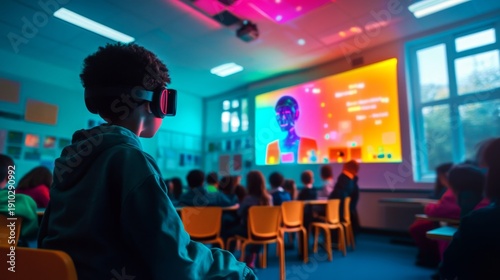 A young student engages with immersive technology in a vibrant classroom. The use of virtual reality enhances learning experiences. Education meets innovation. Generative AI