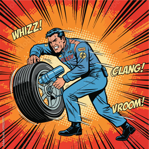 Dynamic Comic Mechanic Changing Tire Quickly Pop Art Style