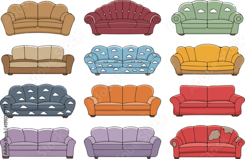 Broken Sofa Outline Icon Set  Torn Cushions, Damaged Armrest, and Worn Furniture