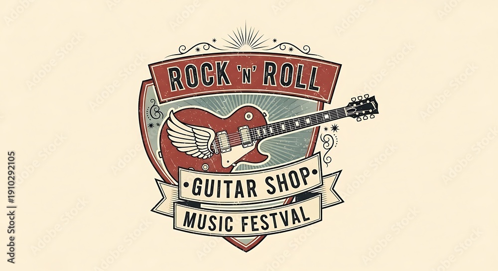 Obraz premium Vintage rock and roll guitar shop emblem for music festival promotions