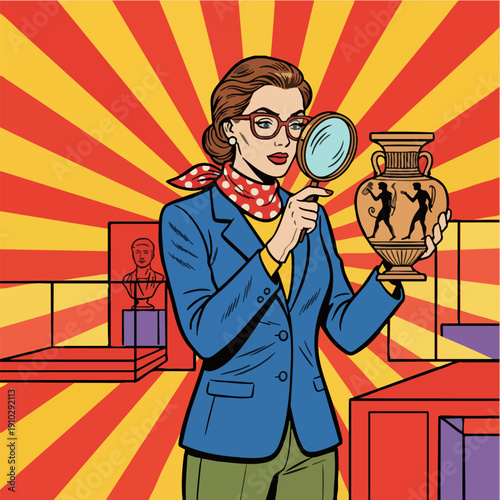 Pop Art Archaeologist Inspecting Ancient Artifact in Museum