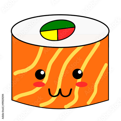 Sushi roll animation wrapped in thin slices of meat, featuring a delicious and appetizing look. Detailed cartoon-style illustration showcasing rice texture, nori layer, and smooth glossy meat wrapping