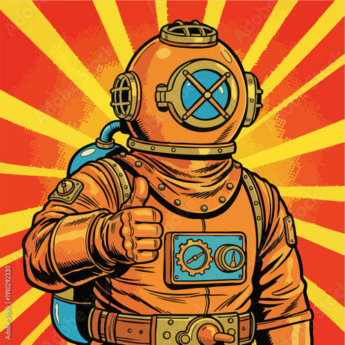 Vintage deep sea diver giving thumbs up in retro comic illustration.