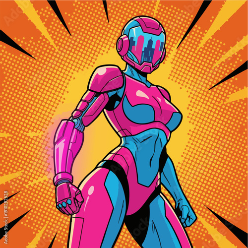 Retro Pixel Art Female Cyborg Robot Comic Book Style