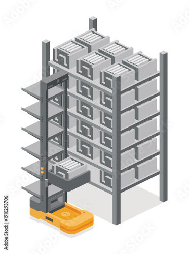 Isometric warehouse storage rack with boxes and automated robotic loader. Illustration. Autonomous vertical warehouse robot ACR or CTU for storage and retrieval system.