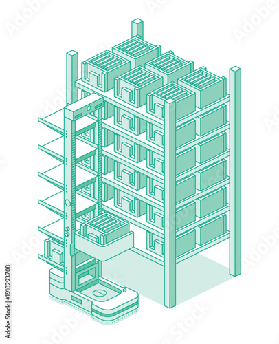 Isometric warehouse storage rack with boxes and automated robotic loader. Outline style. Illustration. Autonomous vertical warehouse robot ACR or CTU for storage and retrieval system.