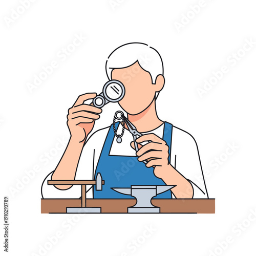 Jeweler inspecting necklace with magnifying glass and pliers