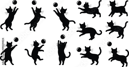 Cat silhouette icons, playful pet vector, black cat shapes, animal illustration, feline design motif, ball interaction poses, stock art collection