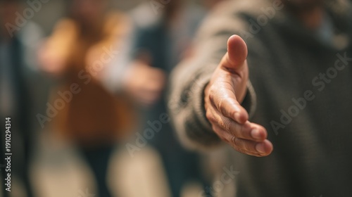 leadership  development nonprofits  volunteer concept. Close-up of an outstretched hand offering a handshake with blurred people in background