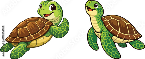 Friendly Cartoon Sea Turtles Swimming Side-by-Side with Happy Expressions, Vector
