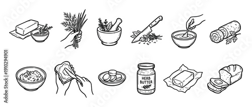Herb butter food preparation icon set in a hand-drawn sketch style showing ingredients, kitchen tools, and cooking steps like chopping, mixing, and spreading on fresh bread