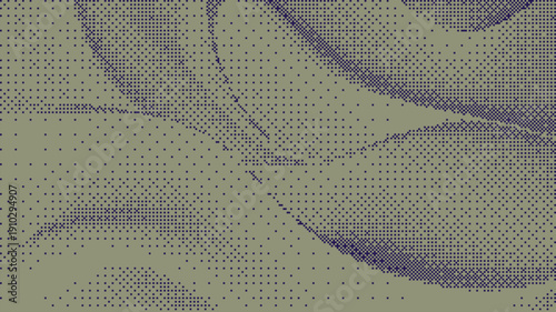 Abstract vector background with flowing organic shapes and halftone dot texture in muted olive green and purple tones.
