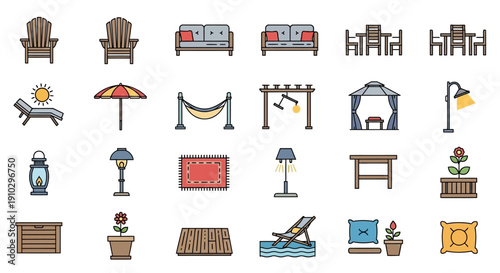 Collection of flat outdoor furniture and garden accessories icons.