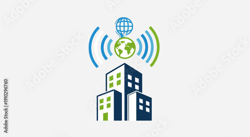 Global network connection from city buildings with wireless internet technology.
