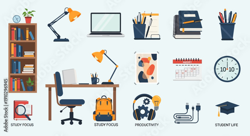 Collection of study, education, and work from home icons representing productivity and learning.