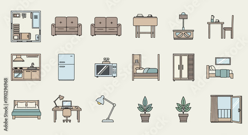 Collection of minimalist home interior furniture and household appliances icons.