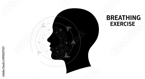 Silhouette of a head with breathing exercise graphics and text