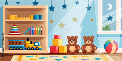 Charming and bright nursery interior illustration, featuring soft colors and a playful atmosphere for a baby's room.