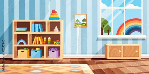 Clean and minimal kids bedroom background illustration with soft colors and simple furniture, perfect for design projects.