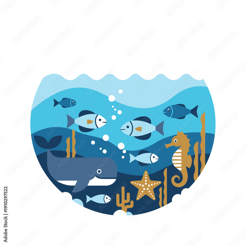 Fototapeta premium Cute flat design underwater marine life illustration