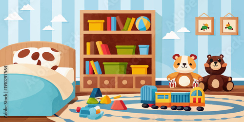 An adorable and cute nursery interior in cartoon style, filled with playful toys and comfortable furniture for a baby's room.