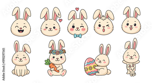A set of cute cartoon rabbits and bunny faces in various expressions and poses, including some holding Easter eggs and carrots, against a clean white background with pastel colors.