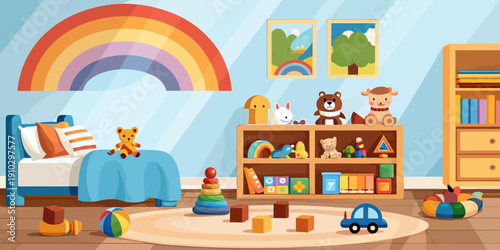 Imaginative kids bedroom interior featuring a striking rainbow wall and whimsical decor, a fun and creative vector design.