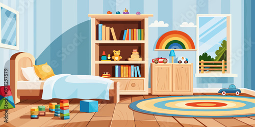 Detailed flat vector illustration of a colorful children's playroom interior, packed with toys and learning activities.