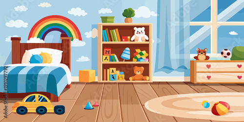 Vibrant and inviting kids room illustration, a colorful space filled with toys and cheerful details for happy playtime.