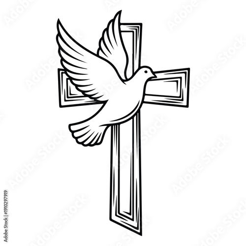 Dove and Cross Christian Symbol Line Art Holy Spirit Religious Vector Illustration
