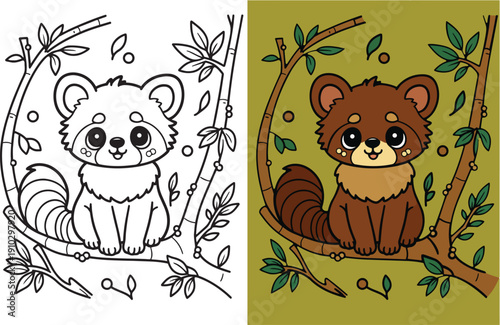Cute red panda sitting on bamboo tree surrounded by leaves coloring page