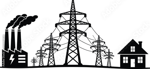 Black Silhouette Illustration of Industrial Power Plant and High Voltage Electric Pylons Supplying Energy to a Residential House Isolated on White Background Vector