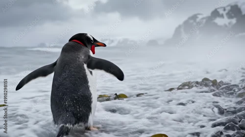 custom made wallpaper toronto digitalxmas penguin. A charming penguin wearing a red bowtie stands on a rocky shore, with tumultuous waves crashing in the background and dramatic cliffs visible under a cloudy sky