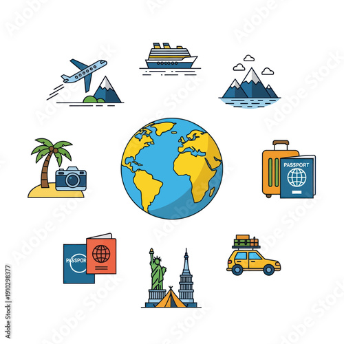 Flat design travel icons around the world globe