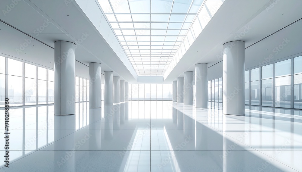 Fototapeta premium Modern bright empty office corridor with natural lighting and glass windows minimalist architecture clean design business space
