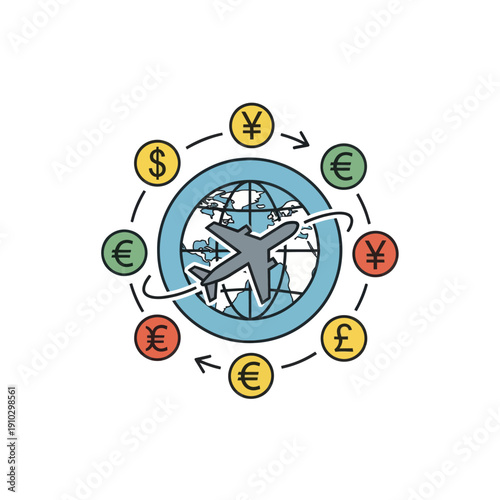 Global travel airplane with international currency exchange symbols