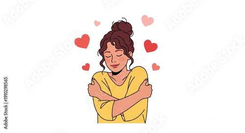 Confident Woman Hugging Herself with Floating Hearts Self Love Flat Vector Illustration