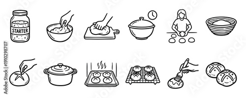 Black and white line art icons illustrating the step-by-step process of baking homemade sourdough hot cross buns, from starter and kneading to baking and glazing the finished bread