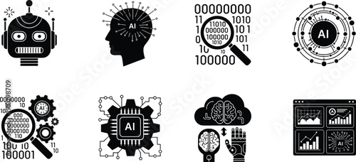 Artificial intelligence icons set including robot head AI processors data analysis cloud computing and human brain cad drawing flat vector illustration