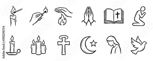 Set of hand-drawn religious icons in a simple black and white doodle style, depicting various symbols of faith, prayer, and spirituality like a cross, dove, candle, and praying hands