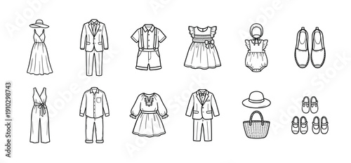 Collection of elegant family clothing drawn in a simple black and white line art style, featuring formal suits, summer dresses, children's outfits, and matching accessories