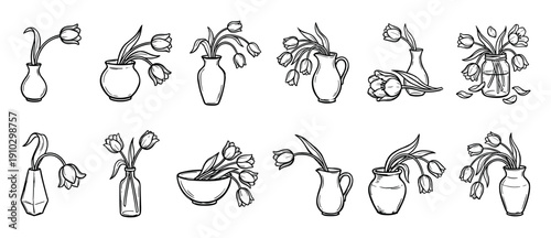 Set of hand-drawn tulip illustrations in various vases, jars, and bowls, showcasing simple spring floral arrangements in a black and white minimalist line art style