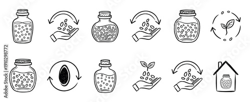 Set of hand-drawn seed saving icons showing jars, hands planting, and a sprouting plant in a simple black and white doodle style illustrating the cycle of gardening and agriculture