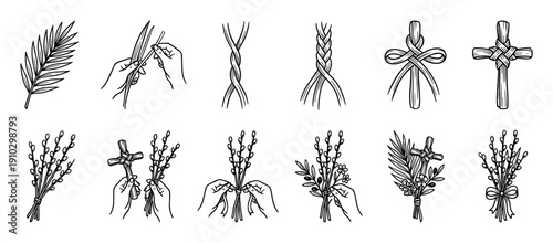 Hand-drawn icon set showing Palm Sunday traditions with instructions for weaving a cross from a palm frond and arranging pussy willow bouquets in a black and white doodle style