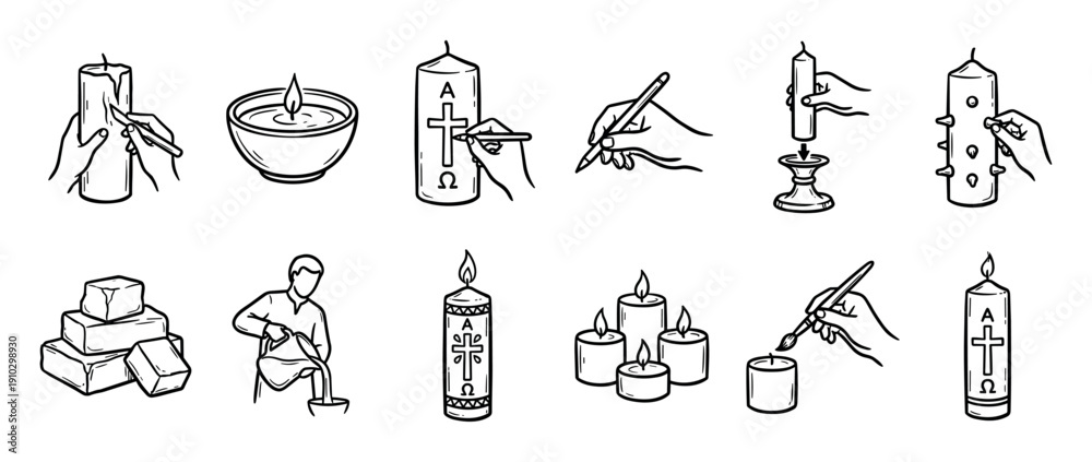 Fototapeta premium Hand-drawn icon set showing the candle making process and Paschal candle decoration for Easter, featuring hands carving wax, pouring liquid, and adding Christian symbols in a doodle sketch style