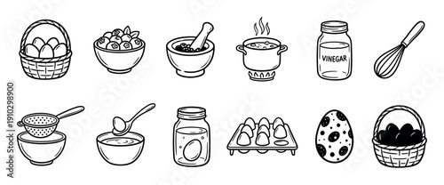 Set of black and white icons for dyeing Easter eggs, including a basket, vinegar, boiling pot, and whisk in a simple hand-drawn doodle style illustration collection