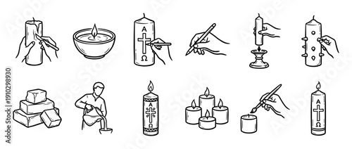 Hand-drawn icon set showing the candle making process and Paschal candle decoration for Easter, featuring hands carving wax, pouring liquid, and adding Christian symbols in a doodle sketch style