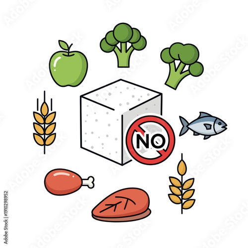 Healthy food choices surrounding a 'No Sugar' cube illustration