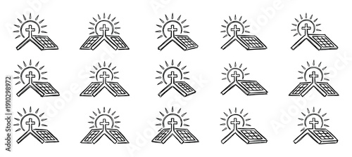 Hand-drawn Christian cross solar panel icons representing faith, renewable energy, and sustainability, a set of black and white sketch style illustrations for religious concepts