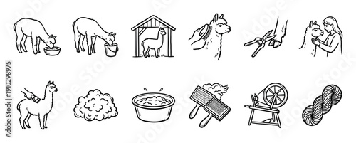 Set of black line art icons showing the process of alpaca farming and wool production, from animal care and shearing to spinning yarn, in a simple hand-drawn doodle style